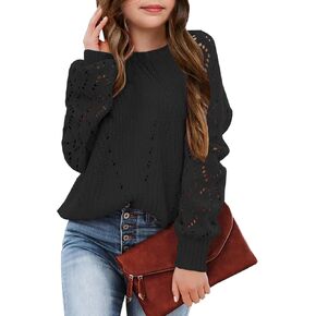 Girls Crochet Long Sleeve Crewneck Pullover Sweaters Kids Fall Winter Knit Jumper Tops