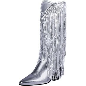 IIimmu هامش أحذية رعاة البقر للنساء راعية البقر المعدنية سباركلي الترتر منتصف العجل كعب مكتنز أشار تو الأحذية سحب على in Kuwait