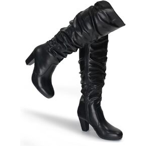 Hawkwell Women's Black White Fall High-heel Thigh High Boots Chunky Heels Side Zip Knee High Boots
