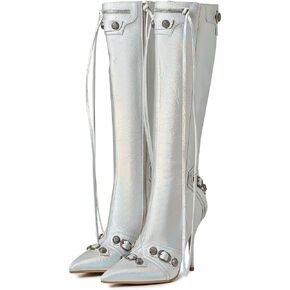 Lyrisiphy Knee High Boots for Women Pointed Toe Stiletto Heels Side Zipper Rivets Tassels Boots Fashion Dress Party Boots Mid Calf Boots