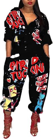 بدلة نسائية كاجوال من LKOUS بطباعة كرتونية وأكمام قصيرة وخصر عالٍ من قطعة واحدة وزر رومبير in Kuwait