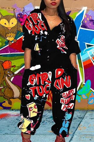 بدلة نسائية كاجوال من LKOUS بطباعة كرتونية وأكمام قصيرة وخصر عالٍ من قطعة واحدة وزر رومبير in Kuwait