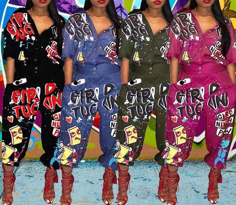 بدلة نسائية كاجوال من LKOUS بطباعة كرتونية وأكمام قصيرة وخصر عالٍ من قطعة واحدة وزر رومبير in Kuwait