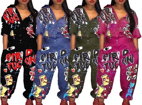 بدلة نسائية كاجوال من LKOUS بطباعة كرتونية وأكمام قصيرة وخصر عالٍ من قطعة واحدة وزر رومبير in Kuwait