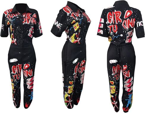 بدلة نسائية كاجوال من LKOUS بطباعة كرتونية وأكمام قصيرة وخصر عالٍ من قطعة واحدة وزر رومبير in Kuwait