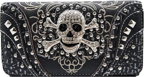 WESTERN ORIGIN Sugar Skull Day of the Dead Cross Bone Studs Punk Gothic Art Rivet Studded Women Wristlet Trifold Wallet (#2 Black) in Kuwait