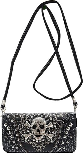 WESTERN ORIGIN Sugar Skull Day of the Dead Cross Bone Studs Punk Gothic Art Rivet Studded Women Wristlet Trifold Wallet (#2 Black) in Kuwait