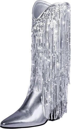 IIimmu هامش أحذية رعاة البقر للنساء راعية البقر المعدنية سباركلي الترتر منتصف العجل كعب مكتنز أشار تو الأحذية سحب على in Kuwait