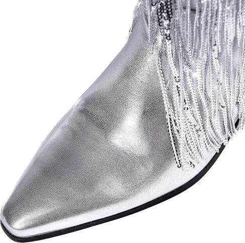 IIimmu هامش أحذية رعاة البقر للنساء راعية البقر المعدنية سباركلي الترتر منتصف العجل كعب مكتنز أشار تو الأحذية سحب على in Kuwait