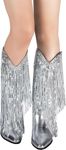 IIimmu هامش أحذية رعاة البقر للنساء راعية البقر المعدنية سباركلي الترتر منتصف العجل كعب مكتنز أشار تو الأحذية سحب على in Kuwait