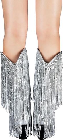 IIimmu هامش أحذية رعاة البقر للنساء راعية البقر المعدنية سباركلي الترتر منتصف العجل كعب مكتنز أشار تو الأحذية سحب على in Kuwait