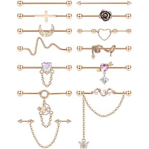 ORAZIO 13PCS Industrial Piercing Jewelry Surgical Steel 14G Industrial Earrings Barbell With Chain Snake Moon Cartilage Helix Piercing Earrings Industrial Bar Jewelry For Women Men in Saudi Arabia