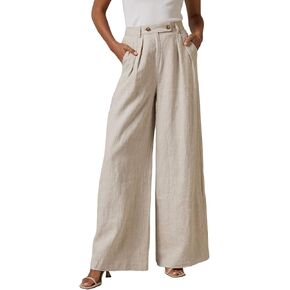 EVALESS Linen Pants for Women Casual Elastic High Waisted Wide Leg Palazzo Pants Loose Flowy Trousers with Pockets