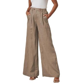 EVALESS Linen Pants for Women Casual Elastic High Waisted Wide Leg Palazzo Pants Loose Flowy Trousers with Pockets