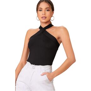Floerns Women's Solid Criss Cross Halter Top Sleeveless Tee Shirt