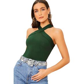 Floerns Women's Solid Criss Cross Halter Top Sleeveless Tee Shirt in Kuwait