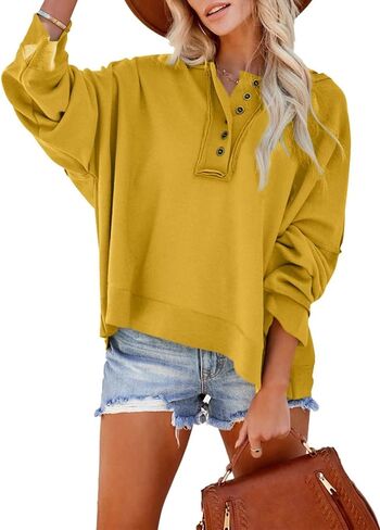 HOTAPEI Women's Casual V Neck Button Up Long Sleeve Hoodies Cropped Pullover Hooded Sweatshirt Tops in Saudi Arabia