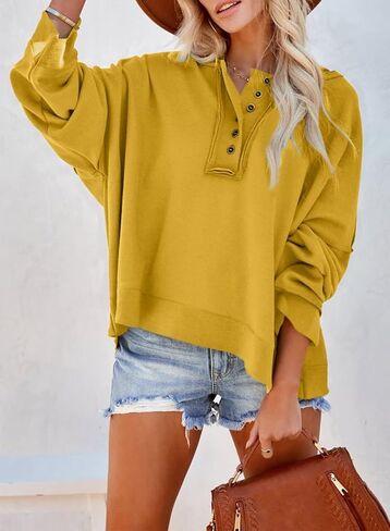 HOTAPEI Women's Casual V Neck Button Up Long Sleeve Hoodies Cropped Pullover Hooded Sweatshirt Tops in Saudi Arabia