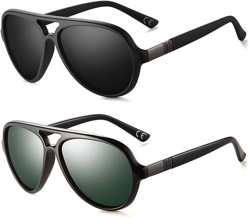 2020 VentiVenti 2 Pack Aviator النظارات الشمسية للرجال عدسة مستقطبة بلاستيكية خفيفة الوزن إطار جسر مزدوج حماية من الأشعة فوق البنفسجية للقيادة إطار أسود غير لامع/عدسة دخان + إطار أسود لامع/عدسة G15 in Kuwait