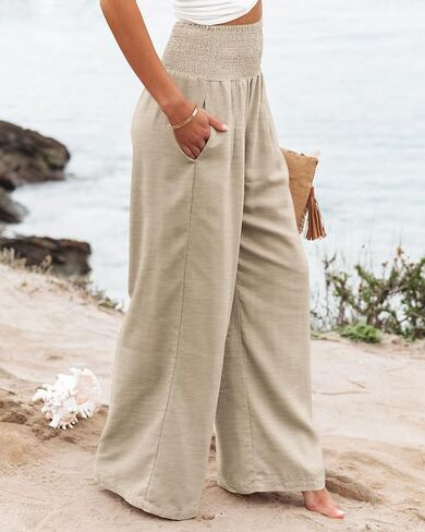 Angerella Womens Elastic High Waisted Palazzo Pants Casual Wide Leg Long Lounge Pant Trousers with Pocket in Kuwait