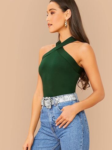 Floerns Women's Solid Criss Cross Halter Top Sleeveless Tee Shirt in Kuwait