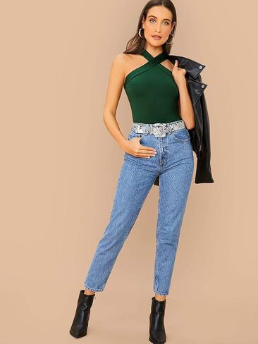 Floerns Women's Solid Criss Cross Halter Top Sleeveless Tee Shirt in Kuwait