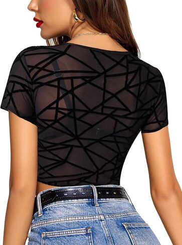 Avidlove Mesh Crop Top for Women Short Sleeve Bodycon Tees Y2k See Through Blouse O Neck Clubwear in Saudi Arabia