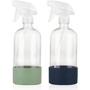 HOMBYS 16 Oz Clear Glass Spray Bottles with Silicone Sleeve,Empty Boston Bottle Spray Bottle with Adjustable Nozzle,Refillable Container for Cleaning, Essential Oils, Hair, Plants