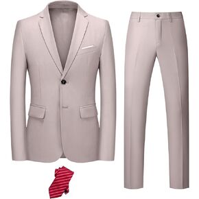YND Men's Slim Fit 2 Piece Suit, 2 Button Notch Lapel Solid Jacket Pants Set with Tie, Party Wedding Dress Blazer Tux