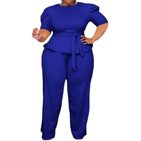 ThusFar Plus Size 2 Piece Outfits for Women Blazer Top Long Sleeve Long Pants Sets Casual Elegant Business Suit with Belt