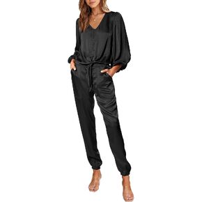 PRETTYGARDEN Women Satin 2 Piece Outfits V Neck Long Sleeve Button Down Tie Knot Tops Jogger Pants Sets With Pocket 2023 in Saudi Arabia