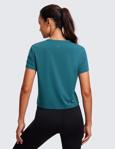 CRZ YOGA المرأة بيما القطن قصير الأكمام المحاصيل القمم عالية الرقبة اقتصاص تجريب القمم اليوغا قمصان رياضية تي شيرت غير رسمي in Kuwait