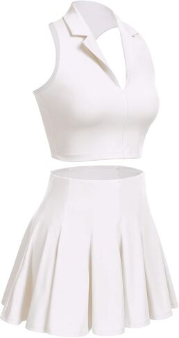 ABOCIW 2 Piece Tennis Dress for Women Pleated Tennis Skirt Sleeveless Racerback Padded Crop Top Golf Workout Outfits in Kuwait