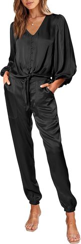 PRETTYGARDEN Women Satin 2 Piece Outfits V Neck Long Sleeve Button Down Tie Knot Tops Jogger Pants Sets With Pocket 2023 in Saudi Arabia