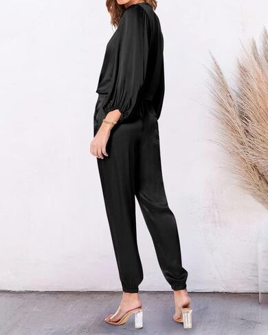 PRETTYGARDEN Women Satin 2 Piece Outfits V Neck Long Sleeve Button Down Tie Knot Tops Jogger Pants Sets With Pocket 2023 in Saudi Arabia
