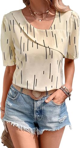 Floerns Women's Elegant Asymmetrical Neck Puff Sleeve Blouse Short Sleeve Blouse Tops in Saudi Arabia