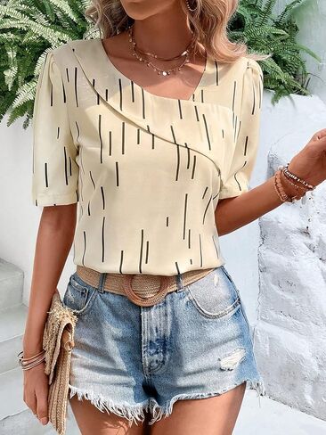 Floerns Women's Elegant Asymmetrical Neck Puff Sleeve Blouse Short Sleeve Blouse Tops in Saudi Arabia