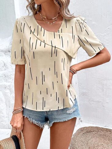Floerns Women's Elegant Asymmetrical Neck Puff Sleeve Blouse Short Sleeve Blouse Tops in Saudi Arabia