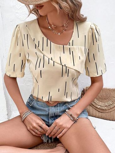 Floerns Women's Elegant Asymmetrical Neck Puff Sleeve Blouse Short Sleeve Blouse Tops in Saudi Arabia