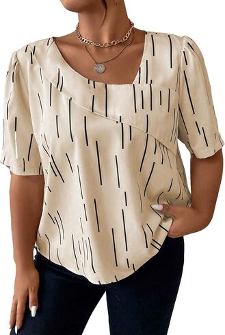 Floerns Women's Elegant Asymmetrical Neck Puff Sleeve Blouse Short Sleeve Blouse Tops in Saudi Arabia