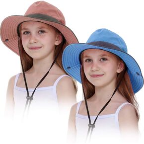 2 Pieces Kids Sun Hat Wide Brim Foldable Cap UV Protection Hat with Rope for Beach Fishing