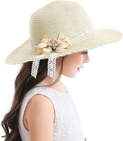 Bienvenu Little Girl Kids Summer Straw Hat Wide Brim Floppy Beach Sun Visor Hat in Saudi Arabia
