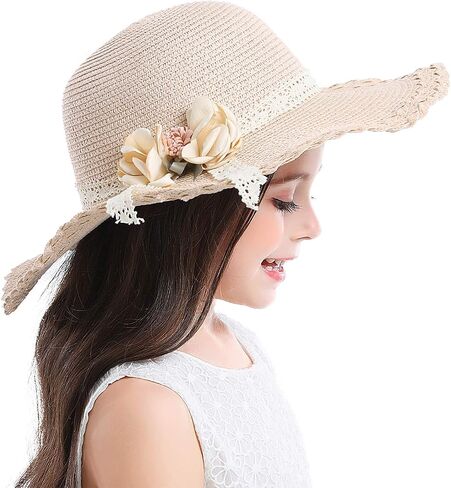 Bienvenu Little Girl Kids Summer Straw Hat Wide Brim Floppy Beach Sun Visor Hat in Saudi Arabia