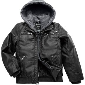 Wantdo Boy's Faux Leather Jacket Zipper Up Hoodie Zipper Coat with Removable Hood