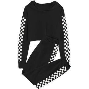 Mukola Girls 2 Piece Cute Plaid Outfits Crop Top Sweatshirt and Pants Set Fashion Kids Summer Outfit 3-14 Years