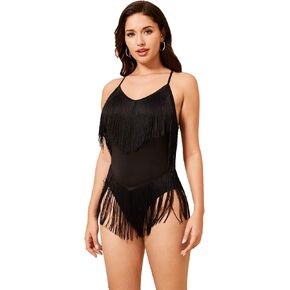 SweatyRocks Women's Fringe V Neck Sleeveless Tassel Bodysuit Skinny Cami Bodysuits Jumpsuit