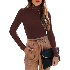 REORIA Women's Long Sleeve Ribbed Turtleneck Leotard Stretchy Bodysuit Tops Jumpsuits