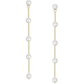 SWEETV 14K Gold Plated Long Pearl Drop Dangle Earrings for Women, Tassel Chain Baroque Pearl Wedding Bridal Earrings for Brides Bridesmaids, Prom Jewelry Gifts
