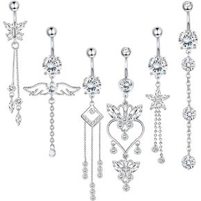 JOERICA 6 Pcs 14G Belly Button Rings Dangle for Women Stainless Steel CZ Navel Rings Set Cute Butterfly Belly Rings Body Piercing Jewelry