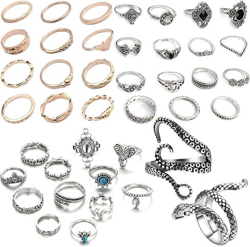 41Pc Fashion Boho Knuckle Rings Set for Women Girls Men, Vintage Retro Crystal Bohemian Midi Rings, Joint Nail Band Cuff Toe Statement Finger Rings, Snake Octopus Elephant Feather (41 Pcs a set) in Kuwait